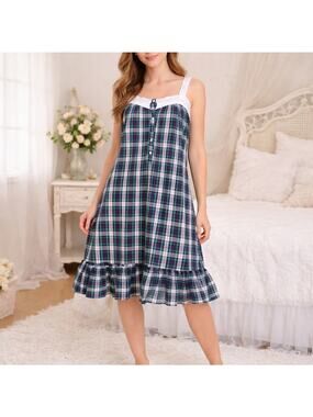 Courtney Cole SZ L VTG Plaid Baby Doll Style Nightgown Blue Green White & Lace